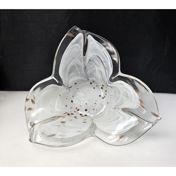 VTG Art Glass Copper Clear & White Handkerchief Flower Petal Bowl Hand Blown 9" - Picture 1 of 11